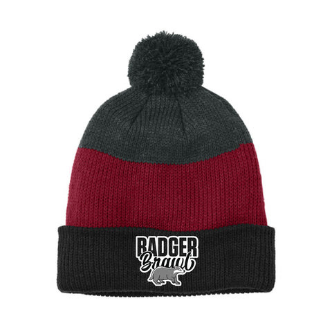 Badger Brawl 25 - Striped Pom Beanie - Black/Grey/Red